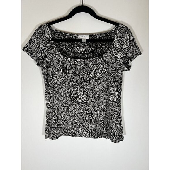 BCBG Max Azria Vintage Y2K black white cap slv baby doll paisley top L coquette - Picture 1 of 7